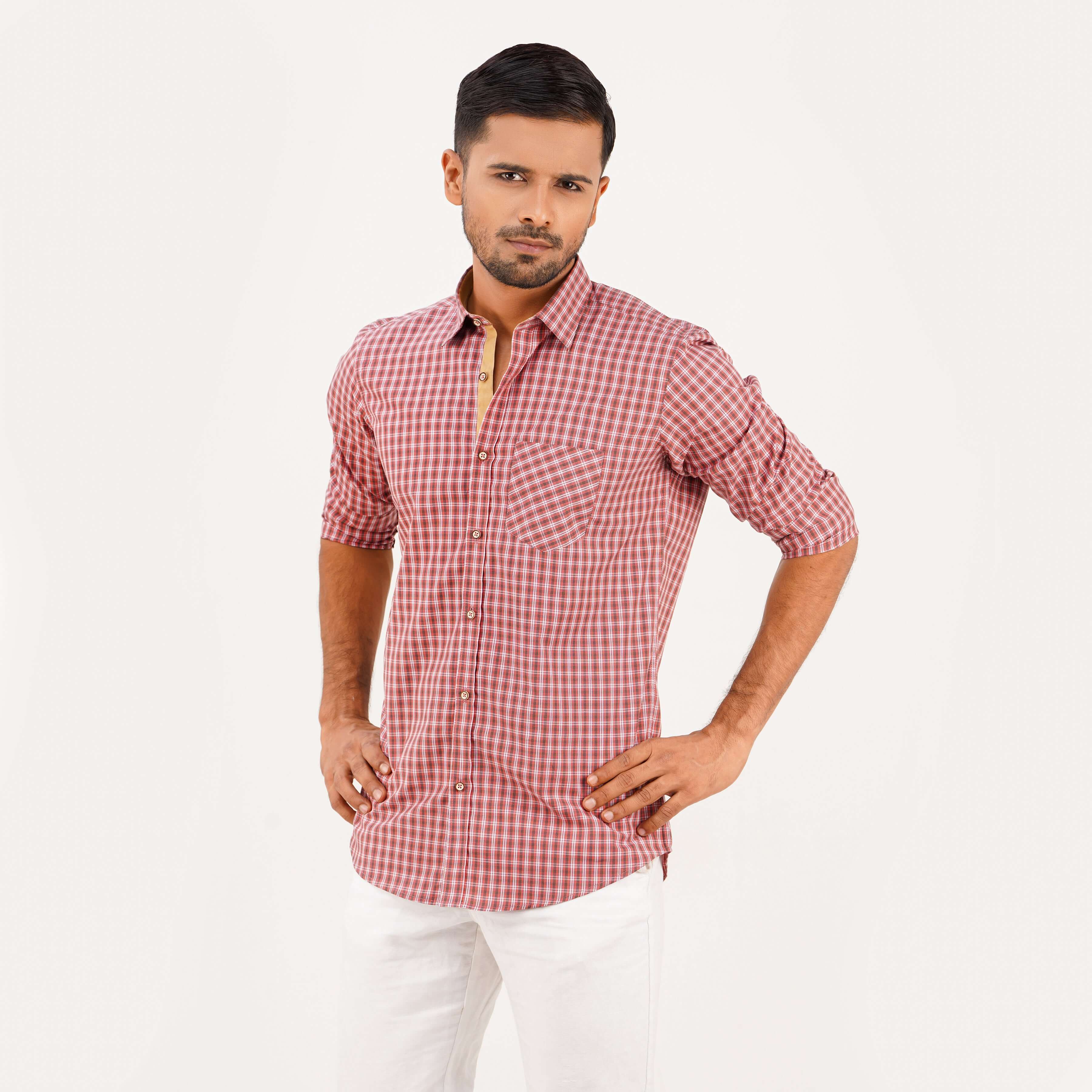 Brick color Check Mixed Cotton Fitted Shirt | Shirt For Men
