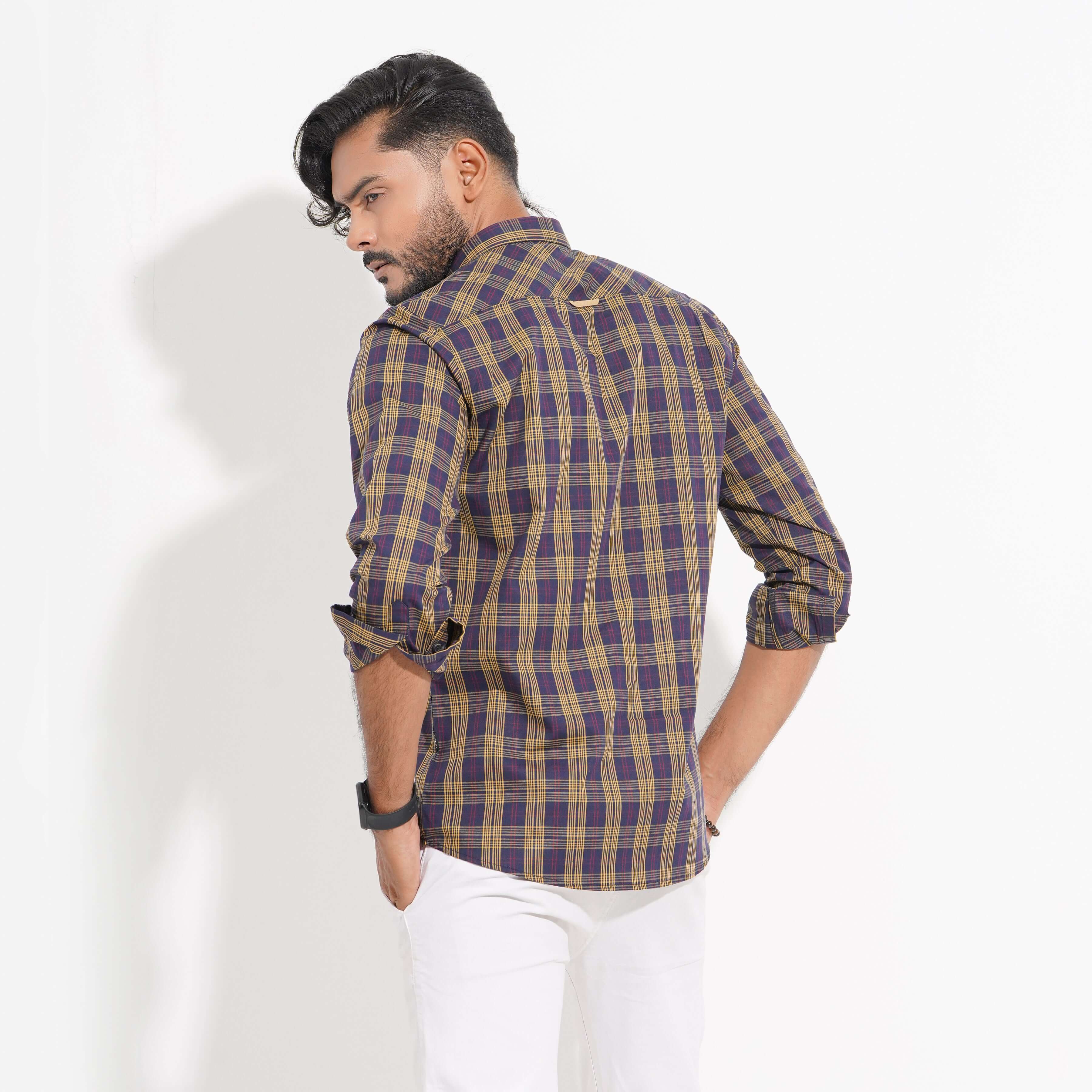Brown Check Mixed Cotton Fitted Shirt | Shirt For Men