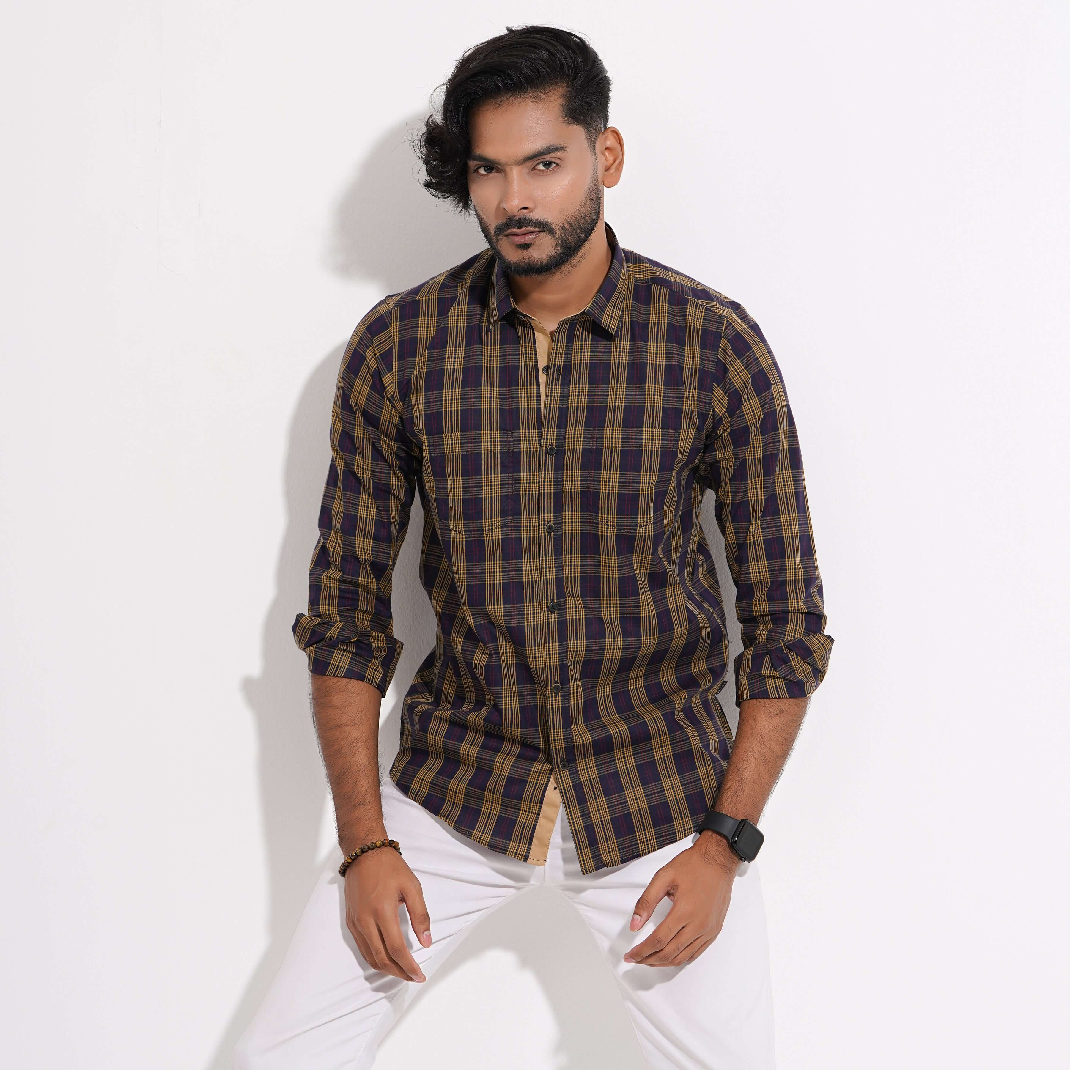 Brown Check Mixed Cotton Fitted Shirt | Shirt For Men