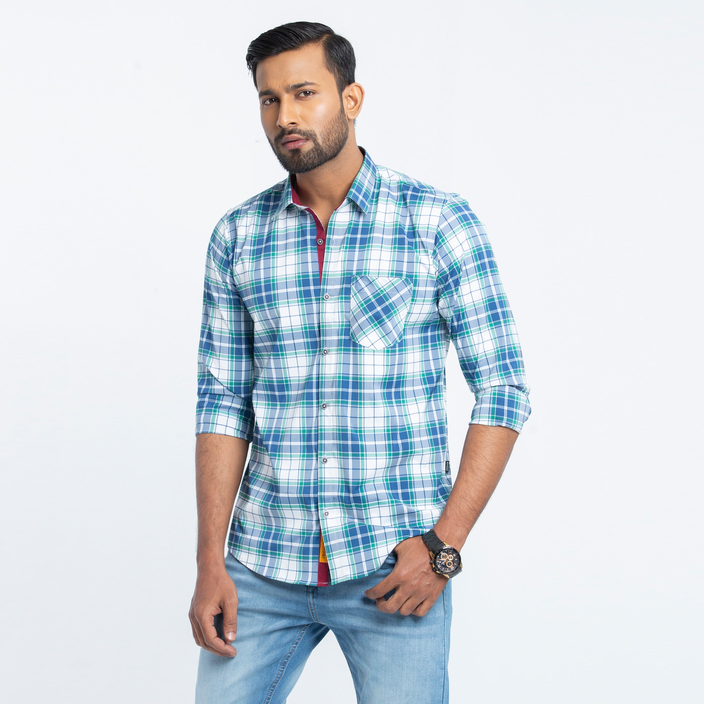 Pest color Check Cotton Mixed Fitted Shirt | Shirt For Men