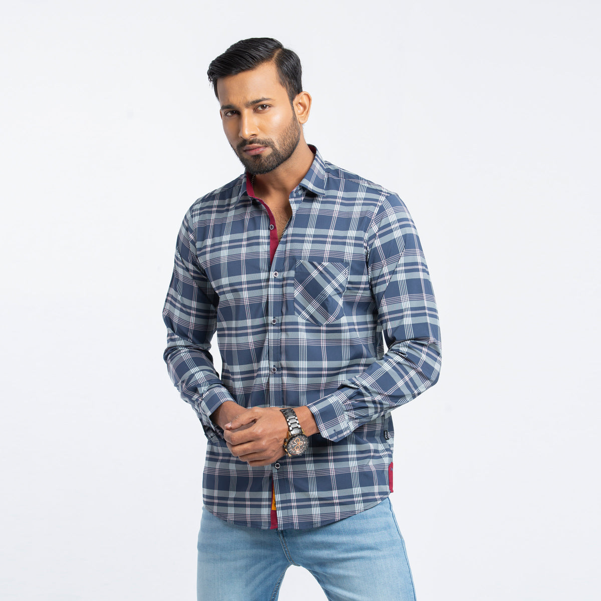Navy Blue Check Cotton Mixed Fitted Shirt | Shirt For Men