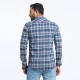 Navy Blue Check Cotton Mixed Fitted Shirt | Shirt For Men