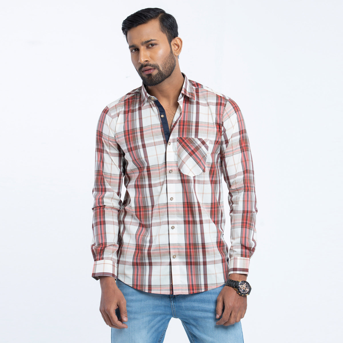 Light Maroon Check Cotton Fitted Shirt | Shirt For Men
