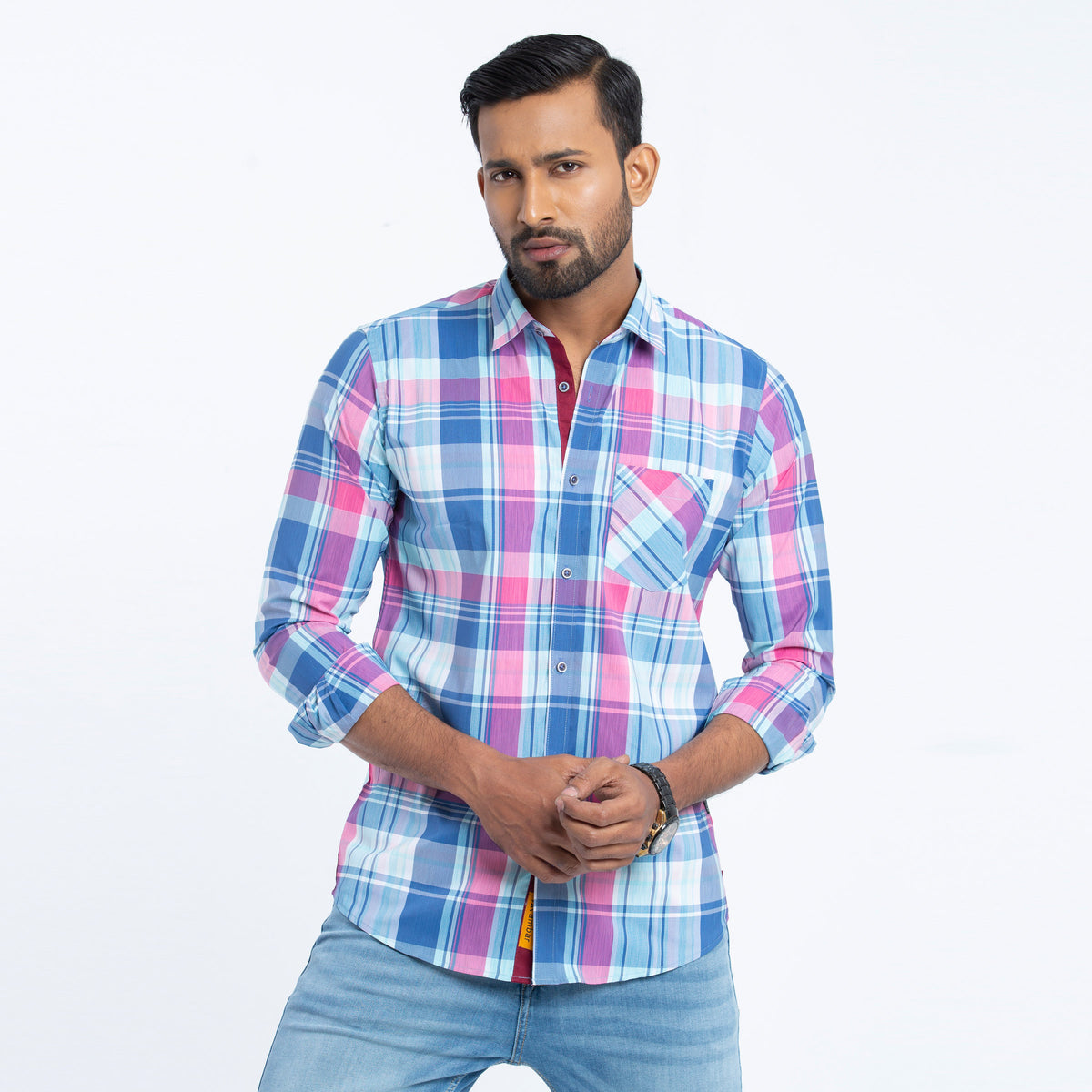 Blue Check Cotton Mixed Fitted Shirt | Shirt For Men