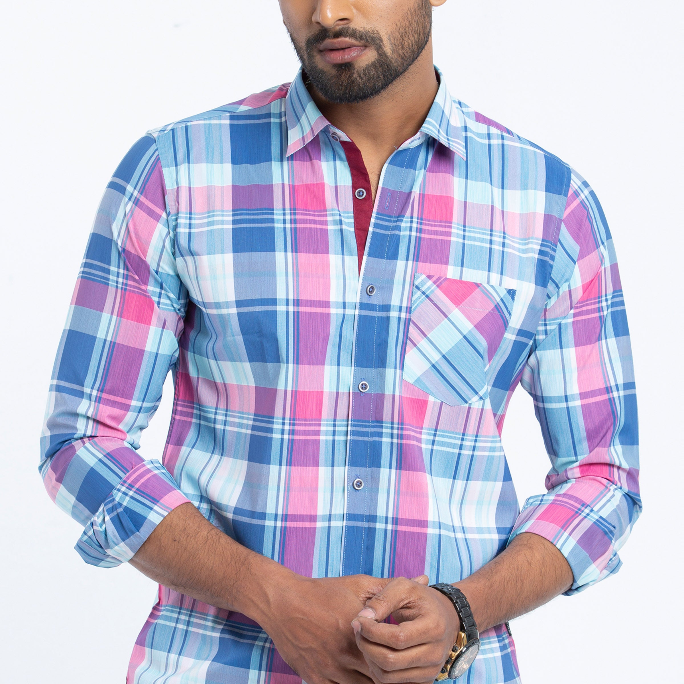 Blue Check Cotton Mixed Fitted Shirt | Shirt For Men
