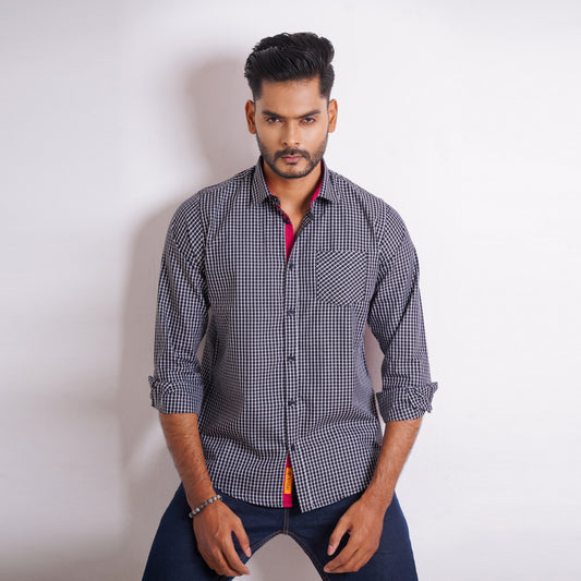 Black Check Mixed Cotton Fitted Shirt | Shirt For Men