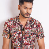 Short Sleeve Cotton Fitted Shirt | Maroon Print