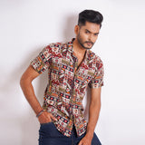 Short Sleeve Cotton Fitted Shirt | Maroon Print