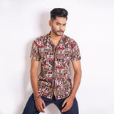 Short Sleeve Cotton Fitted Shirt | Maroon Print