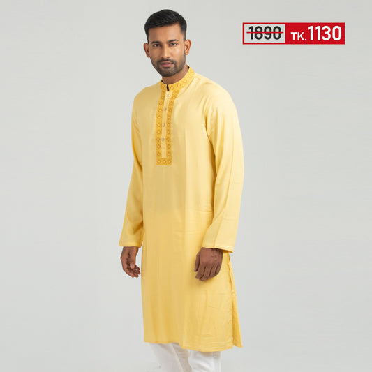 Yellow Slim Fit Embroidered Panjabi