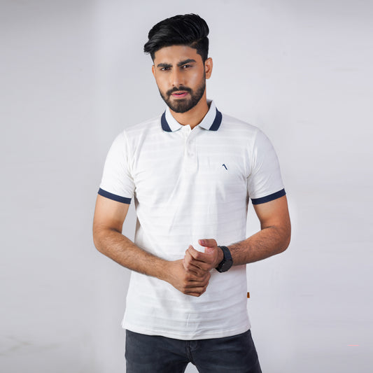 Polo Shirt for Men | White Self Stripe Polo For Men