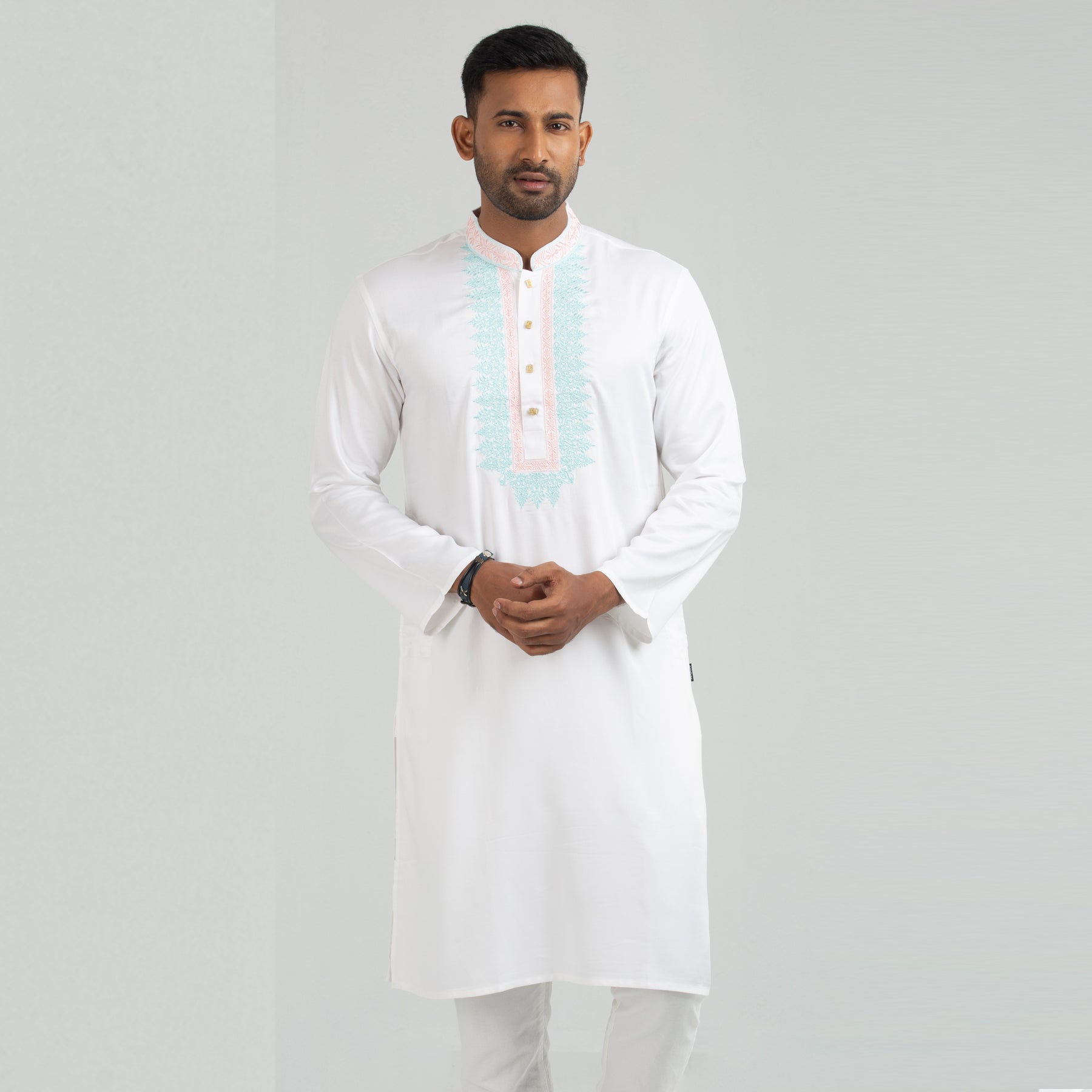  White Semi Fit Embroidered Panjabi