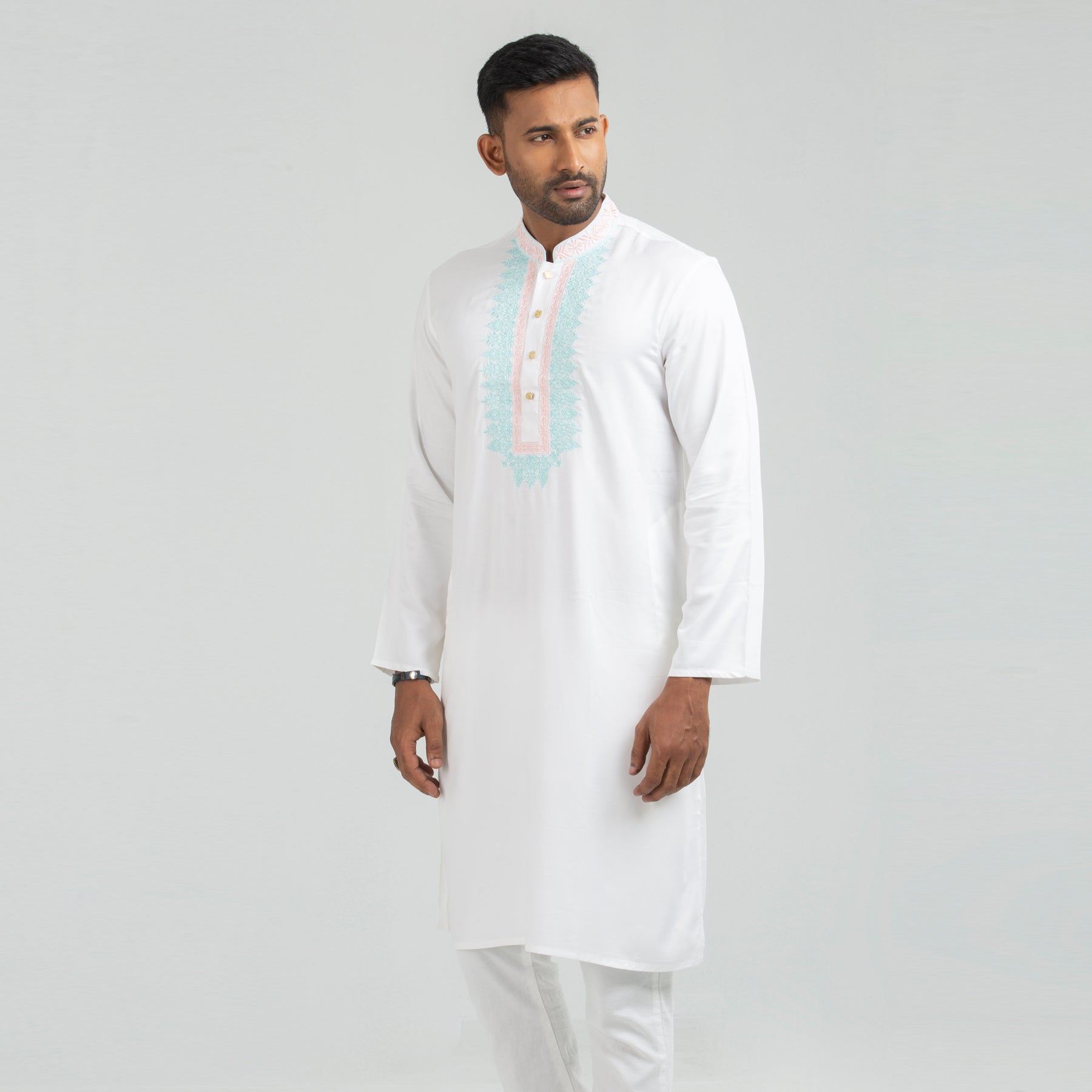  White Semi Fit Embroidered Panjabi