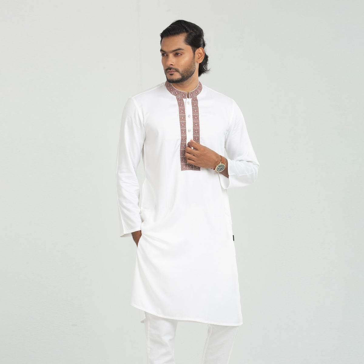 White Slim Fit Embroidered Panjabi