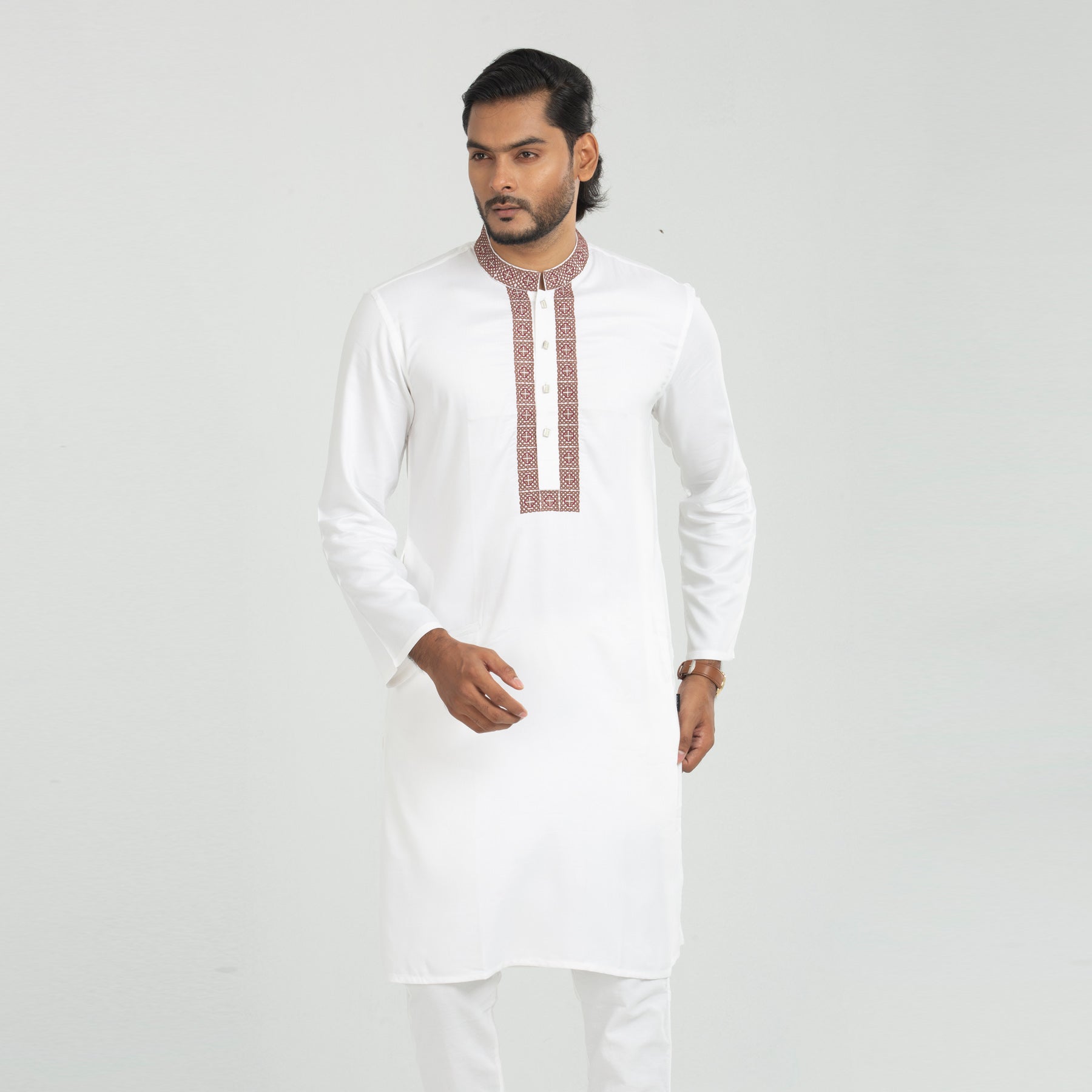 White Slim Fit Embroidered Panjabi | Ambarlife