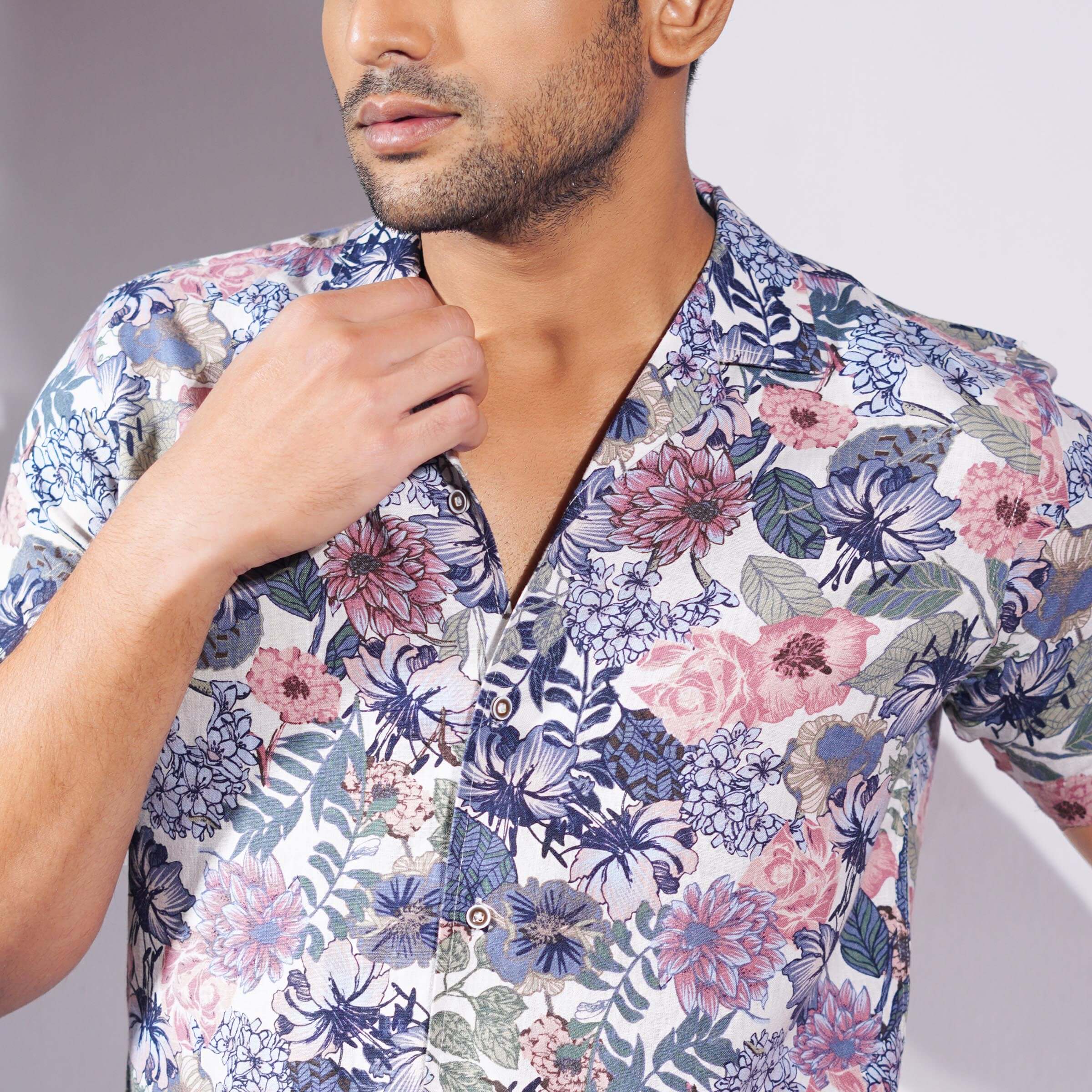 Short Sleeve Cotton Fitted Shirt | Blue Multi Color