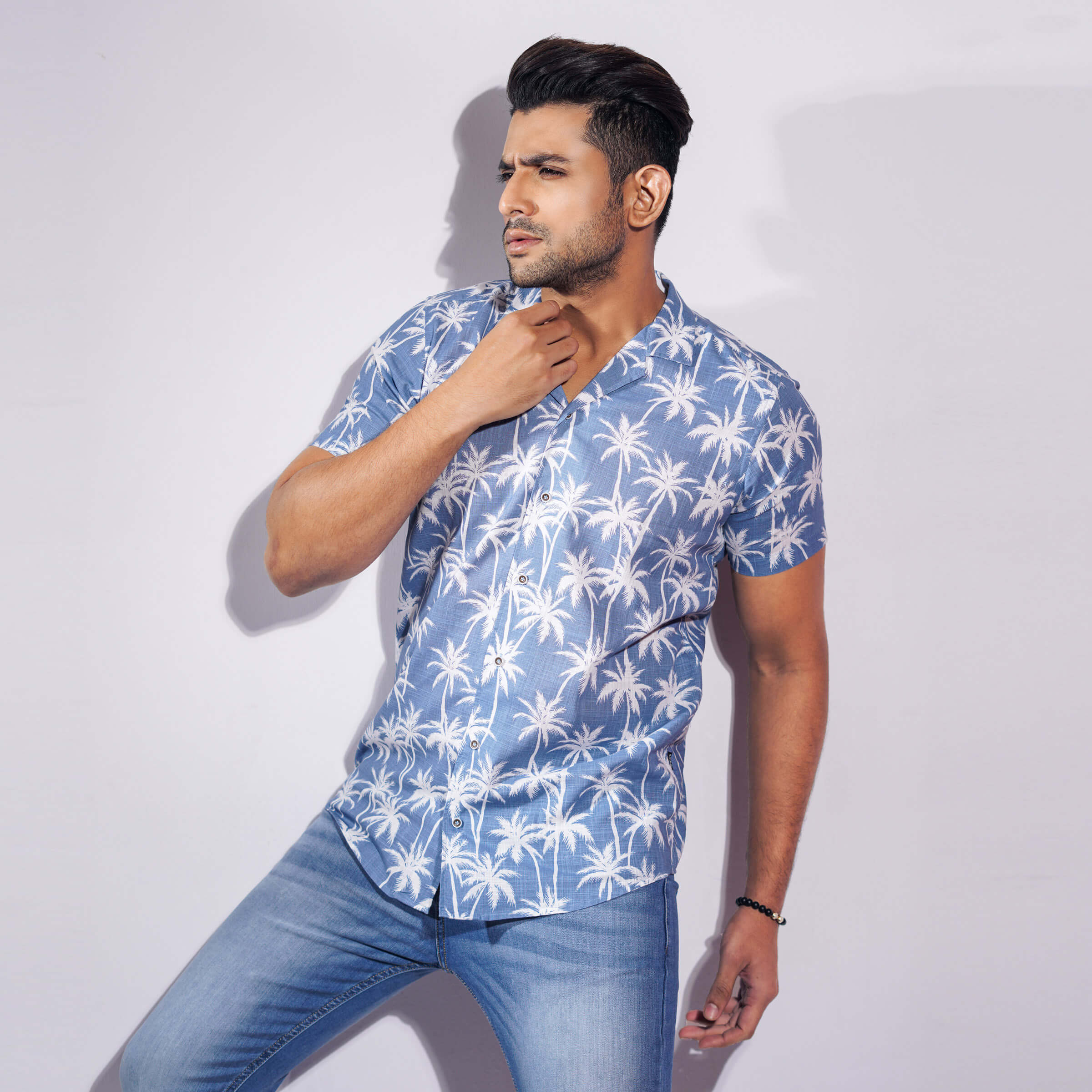 Short Sleeve Cotton Fitted Shirt | Sky
